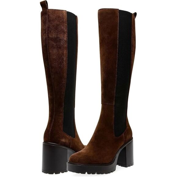 NEW Steve Madden Brown Suede Tall Platform Block Heel Boots sz 11 - Picture 2 of 14